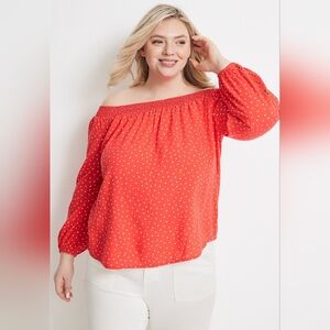 Maurices Red White Polka Dot Off Shoulder 3/4 Lace Sleeve Top 3X 22 24
